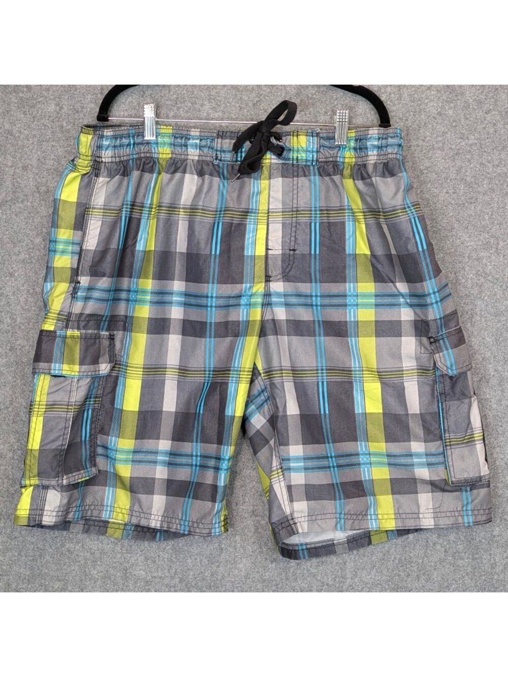Kanu Men's Size XL Shorts Plaid Surf Swim Yellow Gray Blue Cargo Pockets
